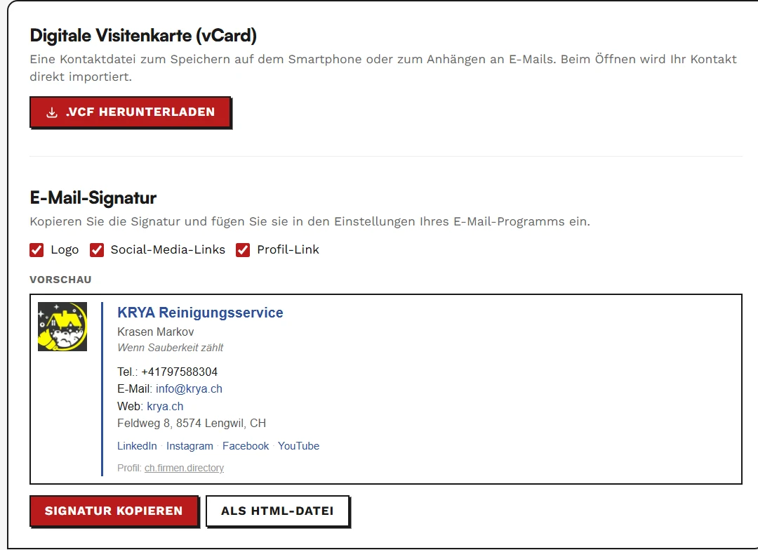 Werkzeuge-Bereich von FIRMEN.directory mit digitaler Visitenkarte (vCard) und einer fertigen E-Mail-Signatur-Vorschau