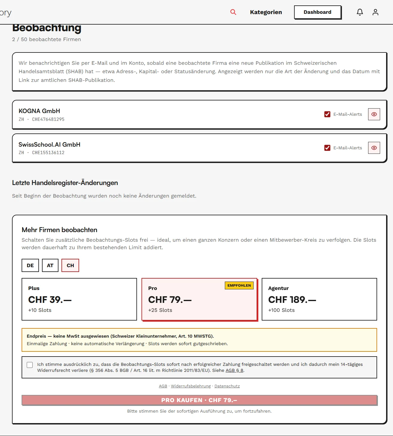 Beobachtungs-Seite von FIRMEN.directory mit beobachteten Firmen und zusätzlich buchbaren Beobachtungs-Slots