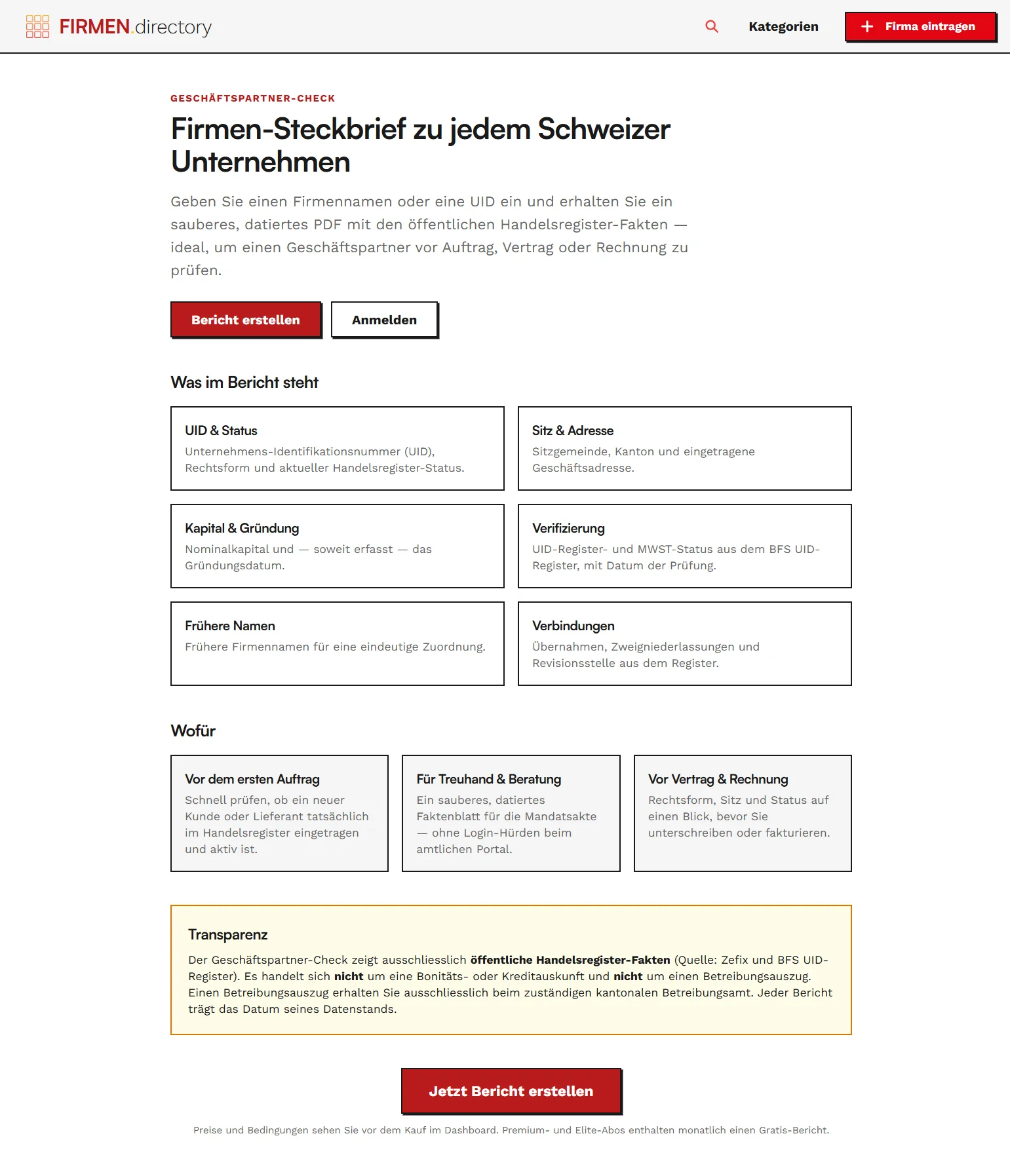 Seite „Geschäftspartner-Check“ von FIRMEN.directory mit den Feldern des Firmen-Steckbriefs und dem Transparenz-Hinweis