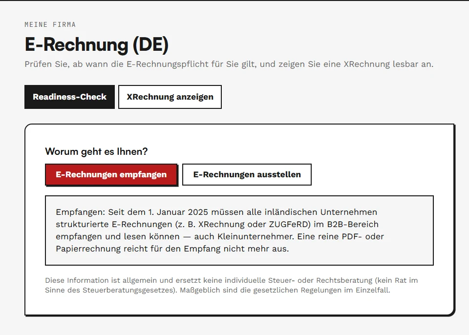 E-Rechnungs-Bereich von FIRMEN.directory mit Readiness-Check zur E-Rechnungspflicht und dem XRechnung-Viewer
