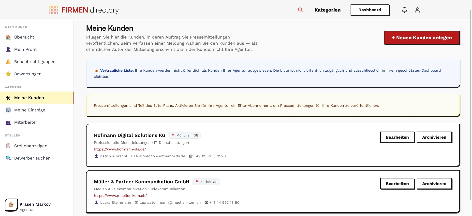 Mandantenübersicht im Agentur-Dashboard auf FIRMEN.directory