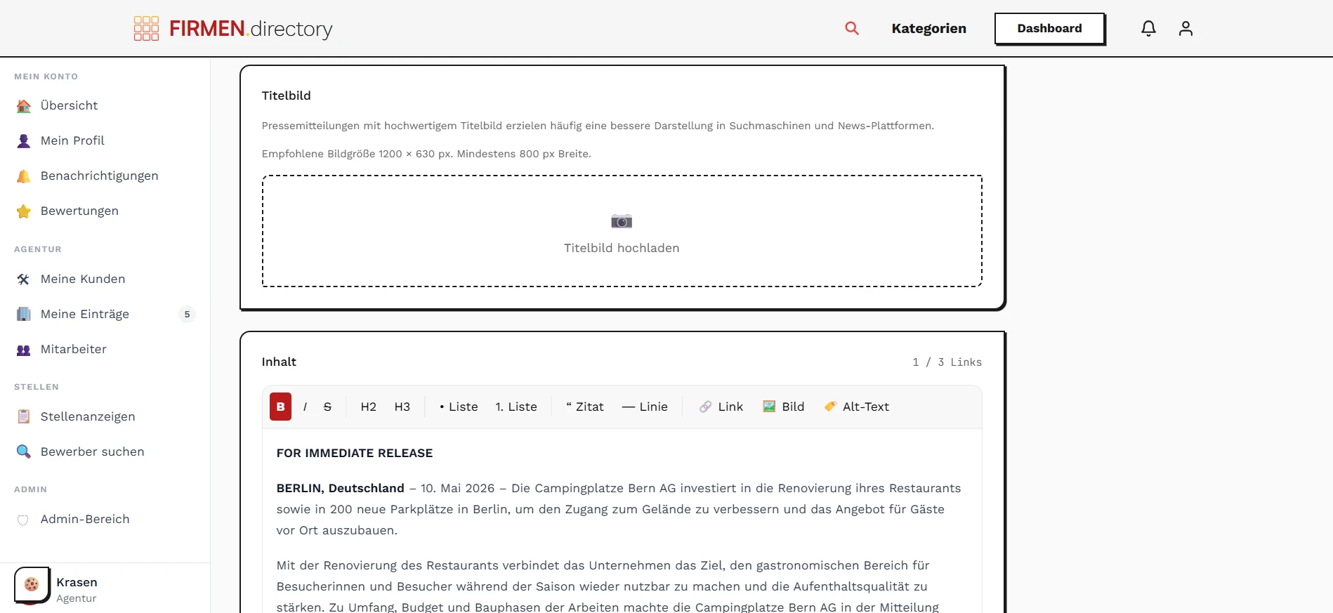 Pressemitteilungs-Editor mit Mandanten-Auswahl auf FIRMEN.directory